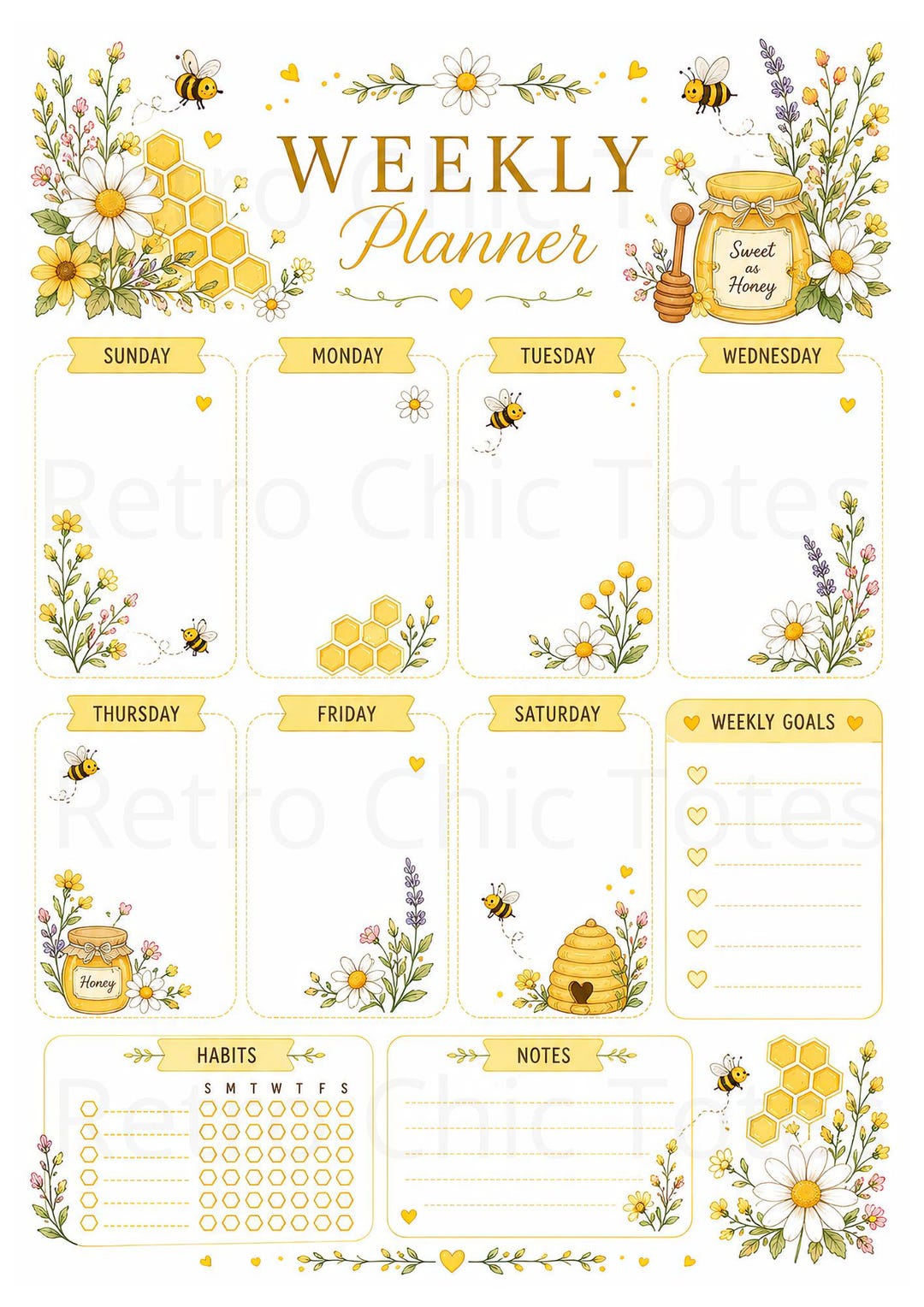 Bee Weekly Planner Printable PDF, Honey Bee Planner, Cottagecore Weekly ...
