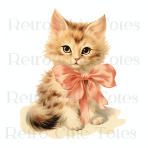 May include: A cute, fluffy, orange and white kitten wearing a pink bow. The kitten is sitting on a white background.