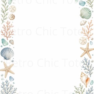May include: A rectangular border composed of watercolor illustrations featuring various seashells, starfish, sand dollars, coral branches, and sea glass in shades of blue, green, and tan. The text Retro Chic Tote is repeated faintly.