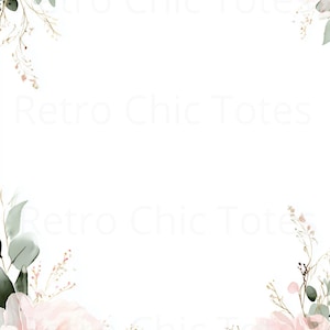May include: A white background with watercolor floral elements. Soft pink peonies and green foliage frame the edges. Delicate sprigs and the text "Retro Chic Totes" are also visible. Ideal for stationery or invitations.