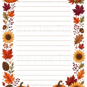 May include: A rectangular sheet of lined stationery featuring a decorative autumn border. The border includes illustrations of orange pumpkins, yellow sunflowers, red and orange maple leaves, brown oak leaves, acorns, pinecones, and a squirrel.