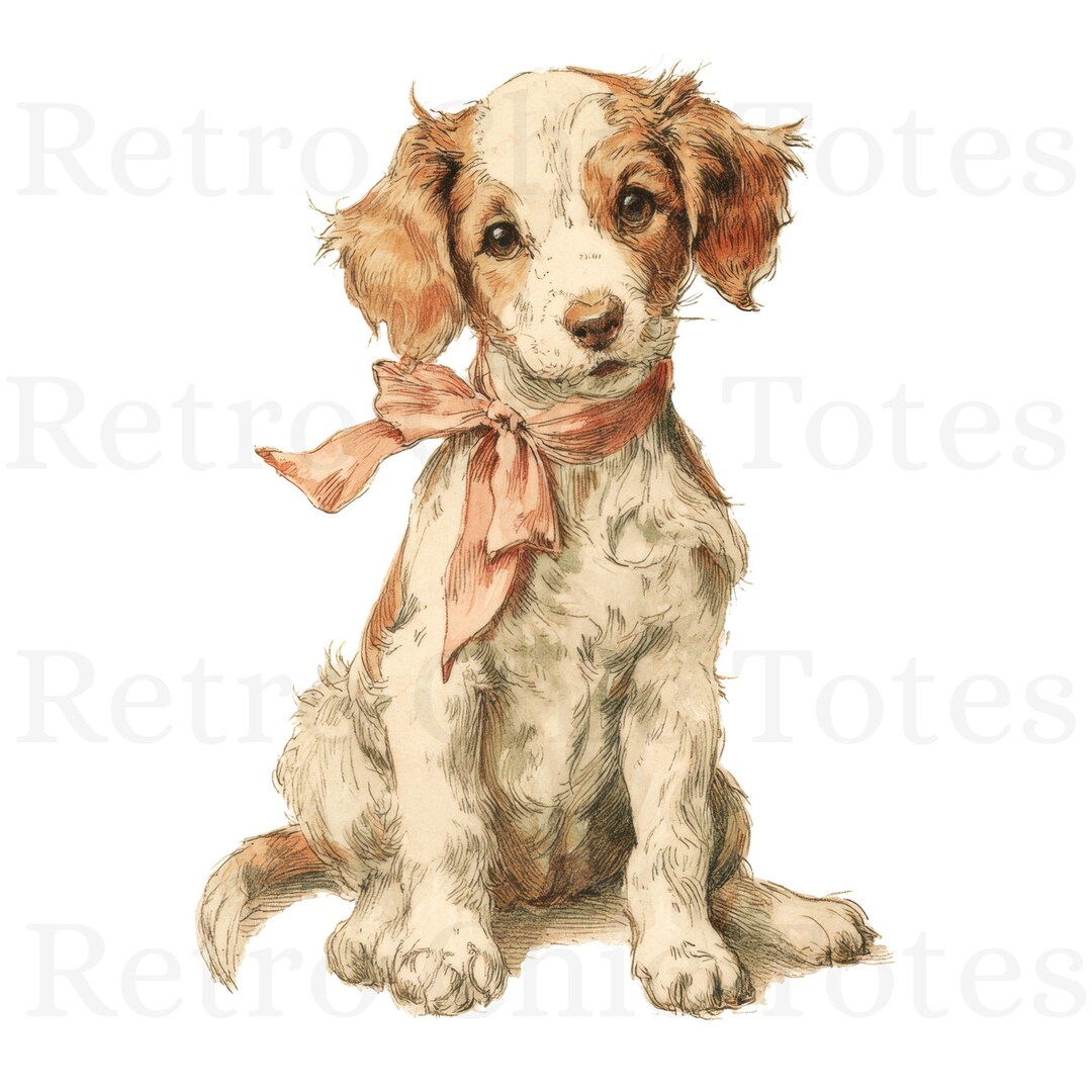 Vintage Puppy PNG and JPG Clipart, Cute Dog With Blue Bow Illustration ...