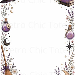 May include: A rectangular decorative border featuring illustrations of a purple witch hat, books, a candle, glass potion bottles, a broom, crystals, flowers, and crescent moons. The design includes small stars and foliage accents on a white background.
