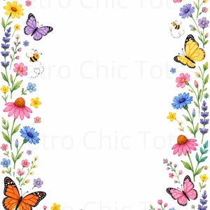 Könnte beinhalten: Ein rechteckiger Rahmen mit bunten Schmetterlingen, Bienen und verschiedenen Wildblumen, darunter rosa Sonnenhüte, blaue Kornblumen und gelbe Blüten. Das Design ist um eine zentrale weiße Fläche mit blassem Text angeordnet.
