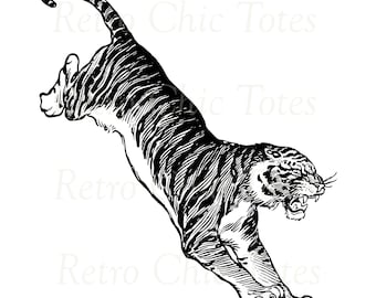Vintage Illustration of a Fierce Tiger in Action, Tiger Png, Vintage Tiger Png