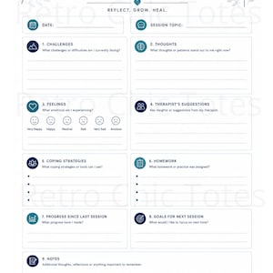 Pode incluir: Uma página de diário de terapia branca com texto azul escuro e ilustrações de folhas. Inclui seções para data, tópico da sessão, desafios, pensamentos, sentimentos com ícones de humor, sugestões do terapeuta, estratégias e notas.