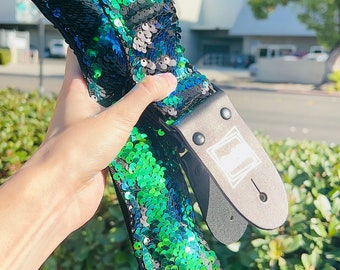 Green, Blue and Matte Black Flip Sequins Guitar Strap