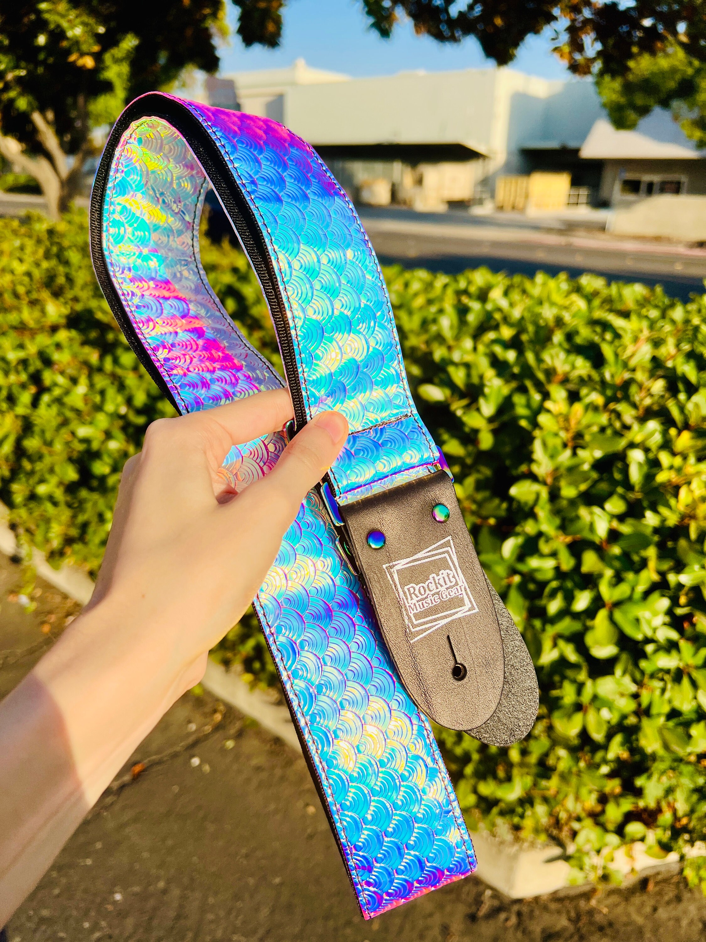 Iridescent Mermaid Print W rainbow Hardware Handmade Guitar Strap