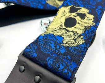 Gold Skulls and Blue Roses Jacquard Bass Strap 3” Wide