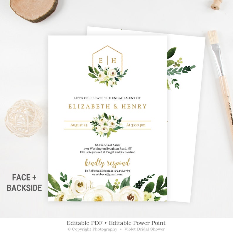 Gold Monogram Engagement Invitation Editable Greenery Etsy