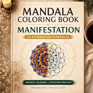 Puede incluir: Un libro para colorear mandalas de color beige con el título "Manifestación" en letras grandes de color verde oscuro. La portada presenta un diseño de mandala detallado en tonos azules, naranjas y negros. El libro incluye 33 mandalas de afirmación y está disponible en tamaños A4 y US Letter.