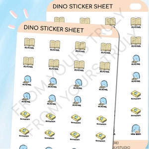 D38 - Stickers lecture dinosaures 2, autocollants dinosaures mignons, autocollants kawaii, autocollants mignons pour agenda, feuille d'autocollants, autocollants emoti, autocollants livres