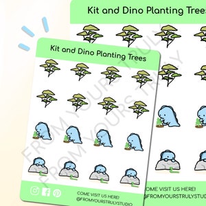 TD1-Dino plantant un arbre, autocollants pour arbres, autocollants pour agenda, autocollants environnement, autocollant don, autocollant chat mignon, autocollant chat, autocollant mignon