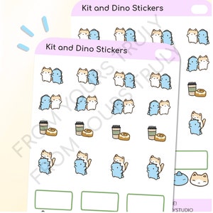 KD14 - Stickers café date kit et dinosaure, autocollants café date, autocollants chats mignons, autocollants kawaii, autocollants chat, autocollants emoti, café, bujo