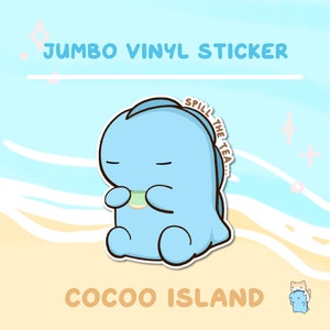JS43 - Sticker Dino renversant le thé, sticker thé, sticker vinyle mignon, sticker lézard, sticker imperméable, sticker pour ordinateur portable, sticker vinyle