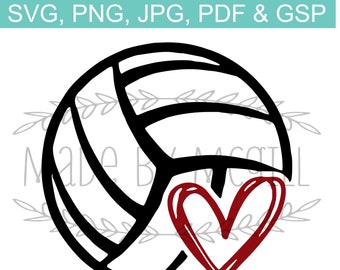 May include: Black and white volleyball with a red heart drawn on it. The heart is on the right side of the volleyball.