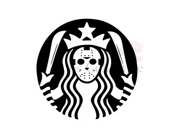 May include: A circular black and white graphic design featuring a stylized figure wearing a hockey mask, topped with a five-pointed star and a crown, with long flowing hair and holding two curved blades in each hand within a circular frame.