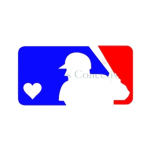 May include: A rectangular graphic logo featuring a white silhouette of a baseball player holding a bat, set against a blue left side and a red right side. A white heart icon is positioned on the left side of the blue section of the design.