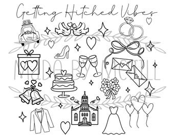 May include: Black and white digital download graphic with wedding-themed illustrations. Includes a car, rings, hearts, cake, champagne glasses, a church, a dress, and text that reads "Getting Hitched Vibes" and "Digital Download".
