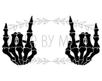 May include: Black skeleton hands in a rock and roll gesture. The image includes the text "SVG, PNG, JPG, PDF & GSP" at the top and "DIGITAL DOWNLOAD" at the bottom. A decorative floral wreath is behind the hands.