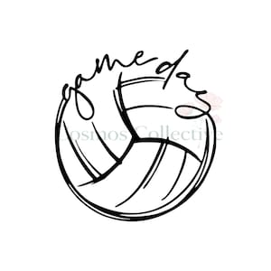 May include: A black and white line art illustration of a volleyball featuring the handwritten script text game day arched over the top. The design uses bold, fluid strokes to define the ball panels and the cursive lettering against a plain background.