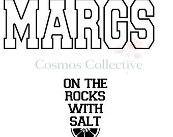 May include: A graphic design featuring the word MARGS in large black outlined letters, followed by the text Cosmos Collective, and the phrase ON THE ROCKS WITH SALT above a black and white illustration of a lime wedge slice.