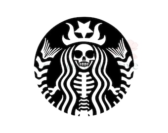 May include: A circular black and white graphic decal featuring a stylized skeleton figure with long flowing hair, a crown topped with a five-pointed star, and two symmetrical fish-like tails extending outward on both sides of the central figure.