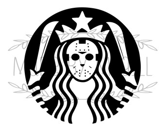 May include: Black and white digital download graphic featuring a parody design. The design includes a hockey mask, two machetes, and the text "DIGITAL DOWNLOAD" and "SVG, PNG, JPG, PDF & GSP".