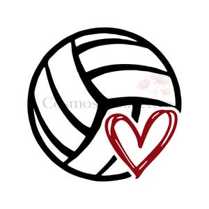 Peut inclure: Une illustration en noir et blanc au trait d'un ballon de volley-ball avec une forme de c&oelig;ur rouge audacieuse int&eacute;gr&eacute;e dans la partie inf&eacute;rieure droite du ballon. Le design inclut le texte Cosmos Collective, p&acirc;le et semi-transparent, superpos&eacute;.