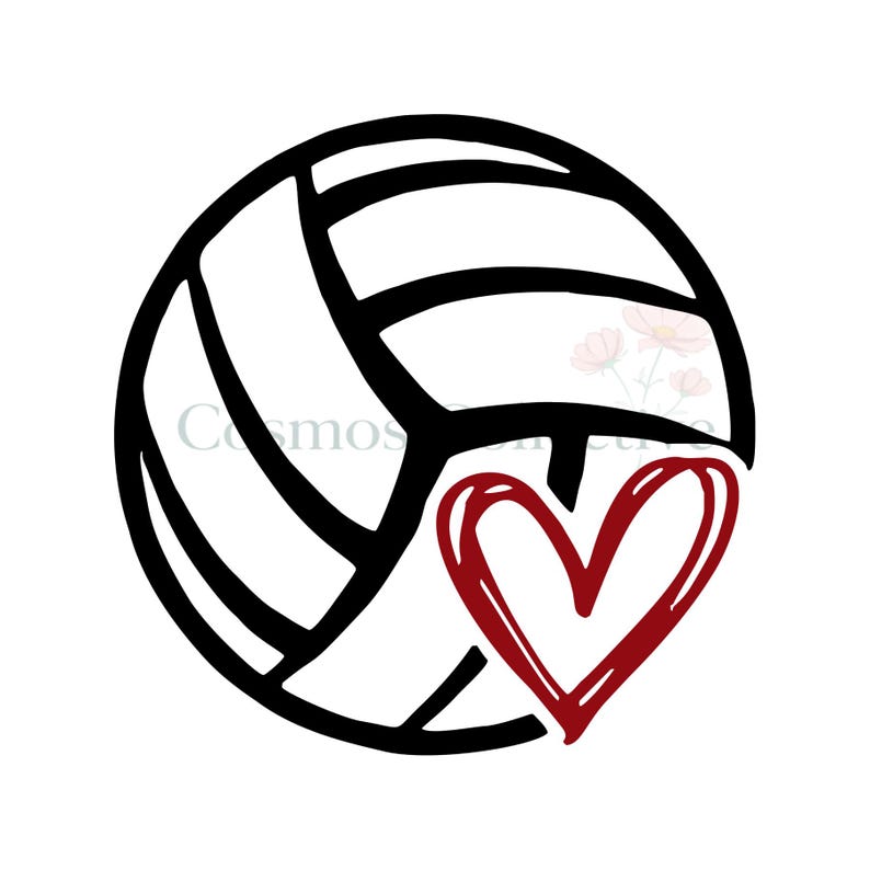 Peut inclure: Une illustration en noir et blanc au trait d'un ballon de volley-ball avec une forme de c&oelig;ur rouge audacieuse int&eacute;gr&eacute;e dans la partie inf&eacute;rieure droite du ballon. Le design inclut le texte Cosmos Collective, p&acirc;le et semi-transparent, superpos&eacute;.