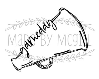 May include: A black and white digital download graphic featuring a megaphone with the word "gameday" in a script font. The image includes the text "SVG, PNG, JPG, PDF & GSP" and "DIGITAL DOWNLOAD".