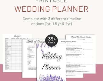 May include: A printable wedding planner with 35+ pages, featuring a lavender floral design. The document includes a budget sheet, table of contents, and a maid of honor duties list. It offers three timeline options for 1 year, 1.5 years, and 2 years.