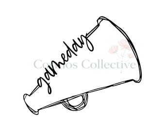 May include: A black and white line art illustration of a megaphone featuring the word gameday written in a cursive script along the side. The design is simple and clean, showcasing the classic shape of a handheld megaphone with a handle.