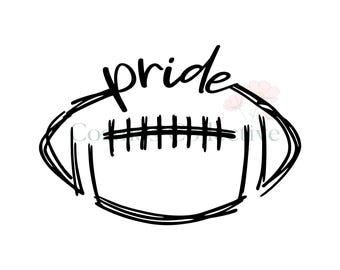 May include: A black line drawing of an American football with the word pride written in a cursive script above the laces. The illustration features a sketchy, hand-drawn aesthetic with bold outlines and a simple, clean composition on a white background.