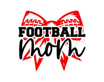 May include: A graphic design featuring a large red bow with football lace patterns on the loops. The text FOOTBALL is printed in bold black block letters, and the word mom is written below in a black cursive script font on a white background.