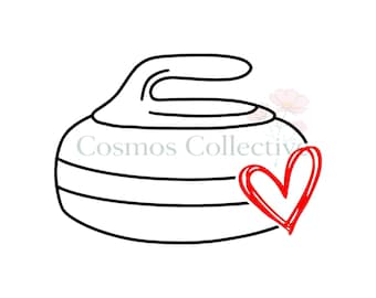 May include: A black line drawing of a curling stone with a handle on top, featuring a red hand-drawn heart shape on the lower right side. The text Cosmos Collective is printed in light gray across the center of the curling stone illustration.
