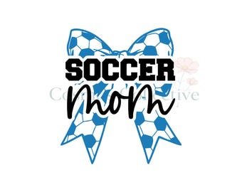 May include: A graphic design featuring a large blue and white soccer ball patterned bow. The word SOCCER is written in bold black block letters, and the word mom is written in a black cursive script font centered over the bow graphic.