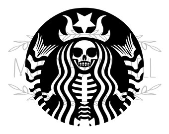 May include: Black and white digital download featuring a Halloween-themed design. The design is a parody of a popular logo, with a skeleton replacing the original figure. The text "SVG, PNG, JPG, PDF & GSP" and "DIGITAL DOWNLOAD" are included.
