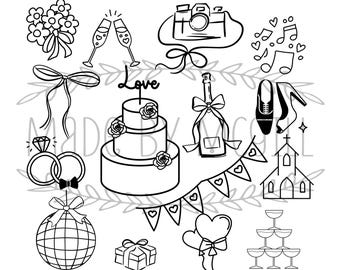 May include: Black and white line art illustrations of wedding-themed elements, including a cake, champagne glasses, rings, and a church. The text "SVG, PNG, JPG, PDF & GSP" and "DIGITAL DOWNLOAD" are also present.