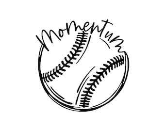May include: Black and white baseball illustration with the word "Momentum" in a handwritten font. The baseball has detailed stitching and a circular outline, set against a white background.
