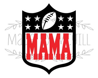 May include: A black and red graphic design featuring the word "MAMA" in bold red letters, set within a shield shape. The shield includes a white football and stars, with the text "DIGITAL DOWNLOAD" at the bottom.