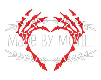 May include: A digital download graphic featuring a heart shape formed by red skeleton hands. The design includes the text "Made By MOJILL" and "DIGITAL DOWNLOAD" on a white background, with decorative gray leaf accents.