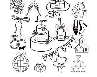 May include: A collection of black and white line art illustrations featuring wedding-themed icons including a three-tiered cake with a Love topper, a bouquet, champagne flutes, a camera, music notes, a bow, rings, a bottle, shoes, a church, bunting, a disco ball, a gift, heart balloons, and a champagne tower.