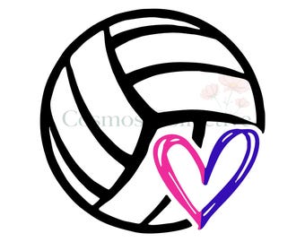 May include: A black and white graphic illustration of a volleyball featuring a heart shape in the lower right section. The heart is colored with a gradient transition from bright pink on the left side to a deep purple on the right side.