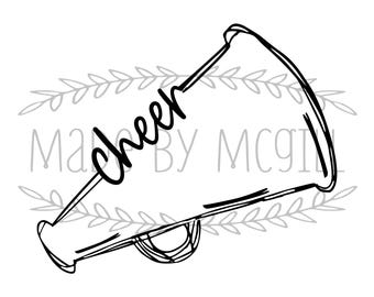 May include: A black and white line drawing of a megaphone with the word "cheer" written across it. The megaphone is surrounded by a decorative floral design. The words "SVG, PNG, JPG, PDF & GSP" and "DIGITAL DOWNLOAD" are also present.