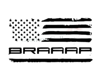 May include: A black graphic design featuring a stylized American flag with a distressed, brush-stroke appearance. The word BRAAAP is printed in a bold, blocky, sans-serif font across the center, positioned above a single horizontal black line.
