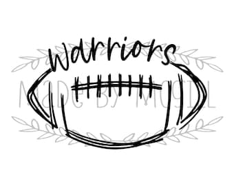 May include: Black and white digital design featuring a football with the word "Warriors" in a handwritten style. The design includes the text "SVG, PNG, JPG, PDF & GSP" and "DIGITAL DOWNLOAD".