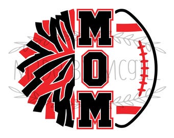 May include: A digital design featuring the word "MOM" in bold, black letters with red outlines, integrated with a football and a cheerleader's pom-pom. The design includes the text "SVG, PNG, JPG, PDF & GSP" and "DIGITAL DOWNLOAD".