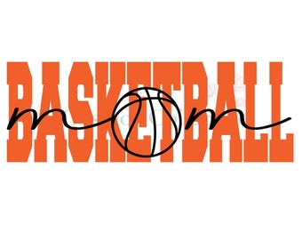 May include: A graphic design featuring the word BASKETBALL in large, bold, orange capital letters. The letter O is replaced by a black line drawing of a basketball. The word mom is written in a black, cursive script across the orange letters.