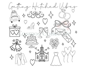 May include: A black and white line art illustration featuring the text Getting Hitched Vibes surrounded by wedding-themed icons including a car, rings, hearts, a high heel shoe, champagne flutes, envelopes, bells, a cake, a church, a suit, and a dress.